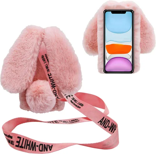 Vista 10 de 3D Bunny Ears Plush Case for iPod Touch 5/6 / 7 with Crossbody Strap, Winter Warm Handmade Bling Diamond Soft Rabbit Fluffy Furry Fur Shockproof