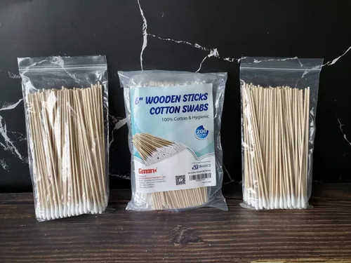 Vista 3 de Gmark Hisopos de algodón de madera de 6 pulgadas de largo (200 unidades) – Aplicadores de punta de algodón de grado industrial – Limpieza de palos
