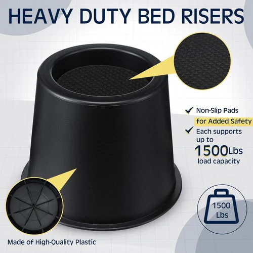 Vista 3 de Elevadores de cama resistentes de 4 pulgadas – Juego de 9 elevadores de muebles ajustables para camas, sofás, mesas y sillas – Soporta hasta 1500
