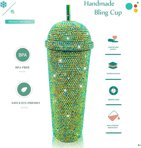Vista 3 de Vaso de 24 onzas con diamantes de imitación hechos a mano con tachuelas, botella de agua reutilizable de plástico con doble pared con tapa y pajitas