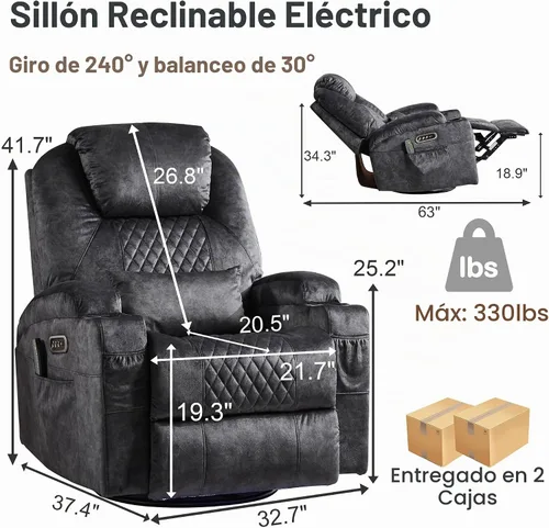 Vista 2 de Silla reclinable giratoria ajustable con motor doble gris (Velvet Gray)