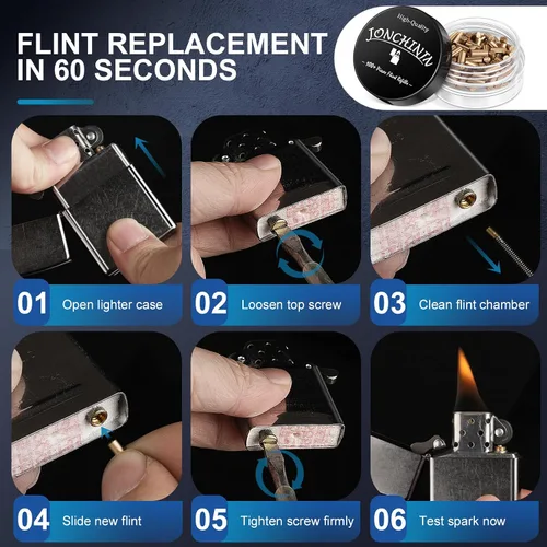 Vista 7 de Lighter Flints 100+ piezas y mechas de algodón 20 piezas, kit de reparación de encendedor de alta calidad, compatible con Zippo y Clipper