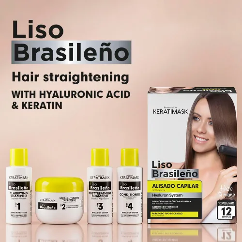 Vista 2 de Cabello sedoso y sin encrespamiento en casa – Kit de tratamiento de alisado de queratina brasileña de Placenta Life con ácido hialurónico