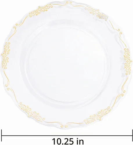 Vista 6 de DaYammi 60 piezas de platos de plástico transparente dorado elegantes platos desechables transparentes resistentes premium de 10.25 pulgadas