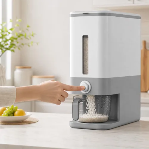 Vista 6 de Proarea Rice Dispenser 25 Lbs, Airtight Grain Rice Storage Container with Measuring Cup, One-Touch Dry Food Dispenser for Kitchen Pantry, Clear