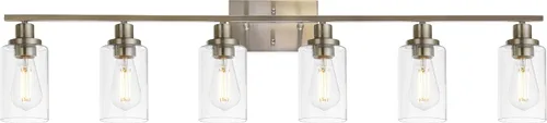 Vista 18 de MELUCEE Aplique de pared negro industrial vintage de 2 luces con pantalla de vidrio transparente y base de metal, luces de tocador de baño, apliques