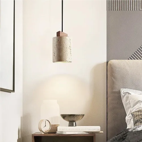 Vista 3 de Yellow Travertine Pendant Light Vintage Cylinder Hanging Lamp with E26/E27 Base Japanese Style Solid Wood Chandelier for Kitchen Island Farmhouse