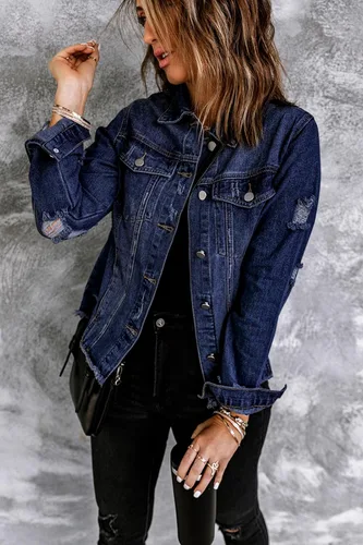 Vista 4 de Chaqueta de mezclilla para mujer, chaqueta de jean desgastada de gran tamaño para mujer, tendencia
