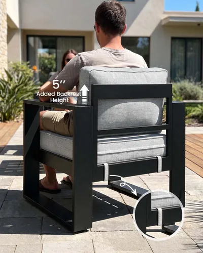 Vista 5 de LayinSun - Juego de muebles de patio de aluminio para exteriores de 4 piezas, sofá de conversación moderno de metal con mesa de café y cojines Negro