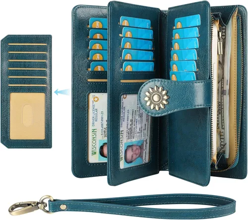 Vista 2 de Lavemi Carteras de cuero genuino de gran capacidad con bloqueo RFID para mujer, tarjetero con correa para la muñeca