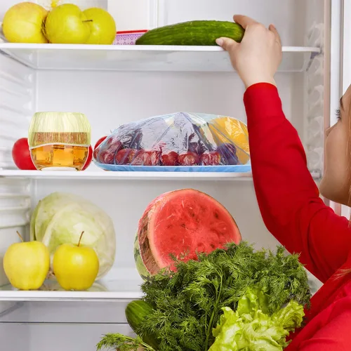 Vista 5 de ReDeMM 50 fundas elásticas reutilizables para almacenamiento de tazones de alimentos, variedad de 5 tamaños y colores elásticos translúcidos
