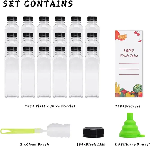 Vista 2 de OBKJJ Botellas de plástico para jugo, 150 piezas, 16 oz, botellas de agua de plástico vacías con tapas, recipientes transparentes reutilizables