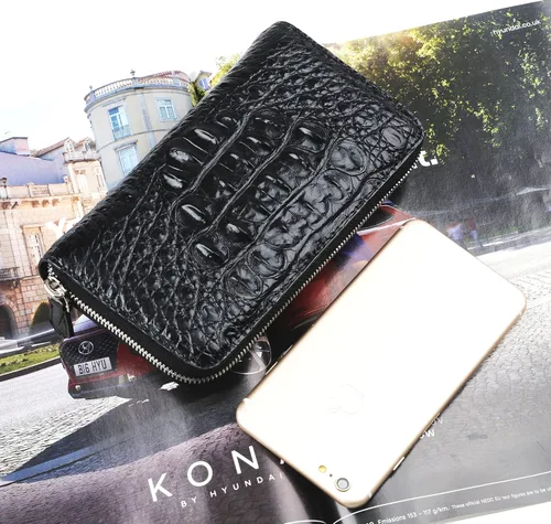 Vista 2 de Cartera de cuero de cocodrilo genuino para hombres, cartera hecha a mano de lujo, Black01, Minimalista