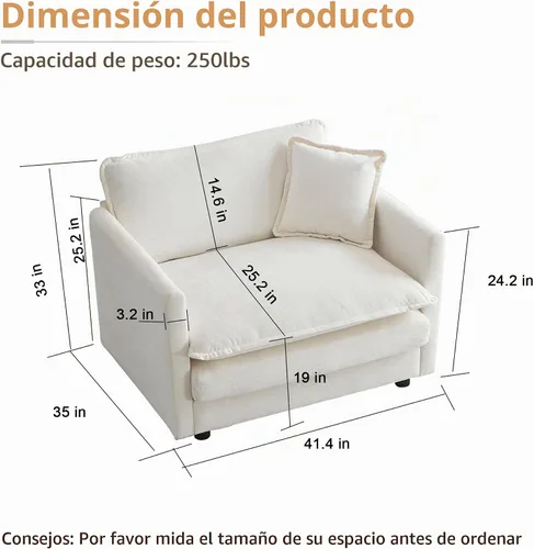 Vista 2 de mikibama Sofá de una plaza de 41.4 pulgadas, sillón cómodo tapizado profundo de chenilla con almohada decorativa para sala de estar, dormitorio Beige