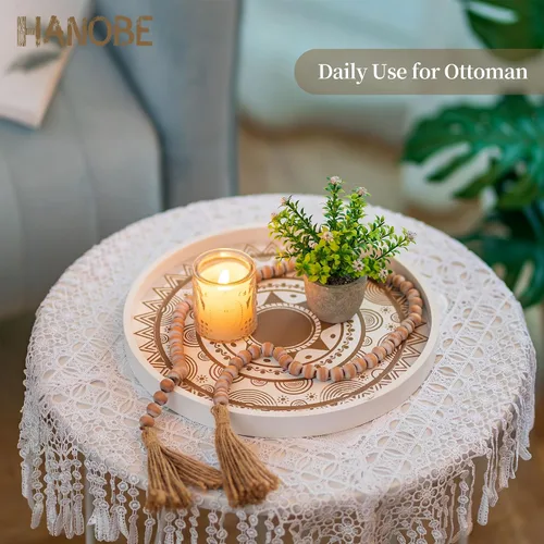 Vista 8 de Hanobe Bandeja decorativa para mesa de centro: redonda bohemia para decoración del hogar, bandejas de madera de granja blancas, centro de mesa