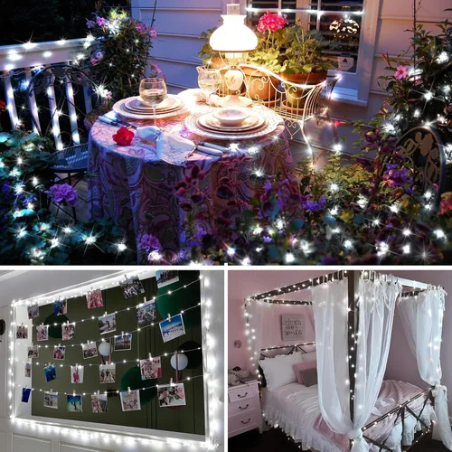 Vista 2 de KNONEW Guirnalda de luces de Navidad para exteriores de 100 pies, 300 luces LED para exteriores, impermeable, 8 modos, decoración para bodas Blanco