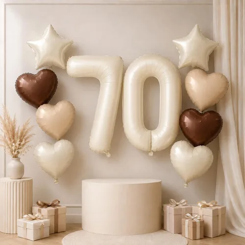 Vista 13 de Decoración de Globos Número 10 de 40 Pulgadas, Globos de Corazón Neutro de Papel de Aluminio Crema Retro Albaricoque Marrón con Globo de Helio