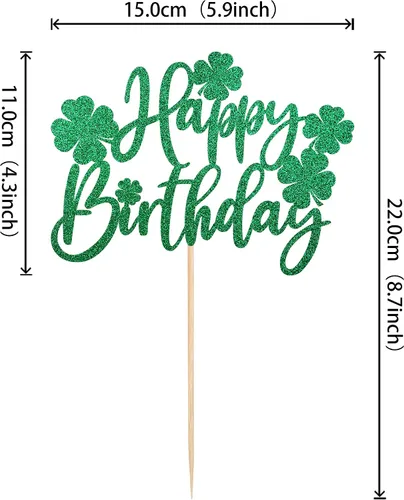 Vista 2 de 1 paquete de decoración para pastel de cumpleaños del día de San Patricio con purpurina verde de trébol de la suerte de cuatro hojas, trébol