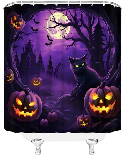 Vista 5 de Cortina de ducha de Halloween, espeluznante gato negro, calabazas aterradoras, luna llena, casa encantada, murciélagos, árbol muerto, cortina