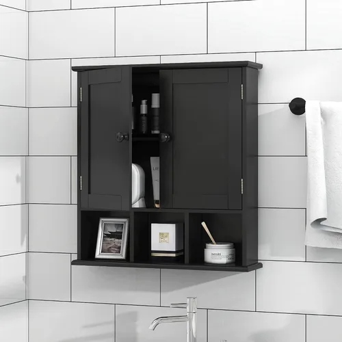 Vista 4 de TaoHFE Gabinete de almacenamiento negro para baño sobre el inodoro, organizador de gabinete de medicina de pared con 2 puertas y estantes