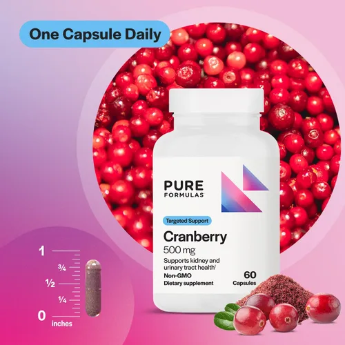 Vista 4 de PureFormulas Cranberry 500 mg – Apoya la salud de los riñones y del tracto urinario – Suplemento antioxidante para la protección inmune y la salud