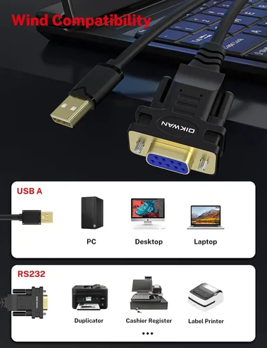 Vista 2 de Adaptador USB a serie de 6 pies, cable serie USB a RS232 DB9 hembra con chipset FT232 compatible con Windows 11 10 8 7 Mac Linux