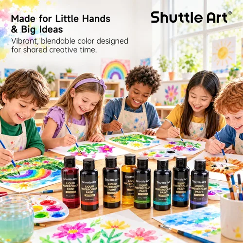 Vista 8 de Shuttle Art 8 Colors Liquid Watercolor Paint, 4oz Non-Toxic Watercolors