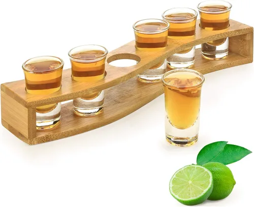 Vista 8 de LINALL Juego de vasos de chupito de 12 piezas, 1 onza/1.0 fl oz con soporte base pesada para whisky tequila, 12 bandejas de servir de vidrio