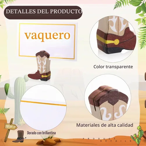 Vista 3 de Kigley 18 piezas de mini botas de vaquero adornos de madera, tarjetero y 25 piezas de papel de aluminio dorado blanco soporte para números