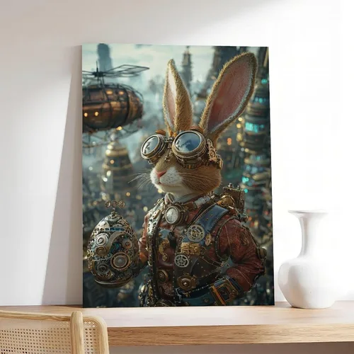 Vista 7 de Steampunk - Arte de pared de Pascua – Conejito futurista retro y huevo mecánico – Póster de fantasía industrial Steam City – Decoración única