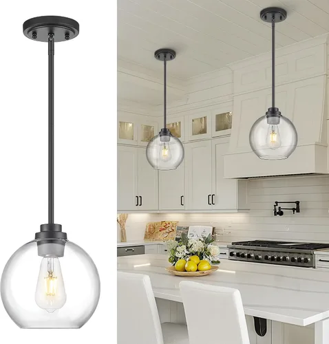 Vista 8 de Luces Colgantes para Isla de Cocina, 7" Luminarias Colgantes Negras y Doradas con Pantalla de Globo de Vidrio Transparente, Iluminación Moderna