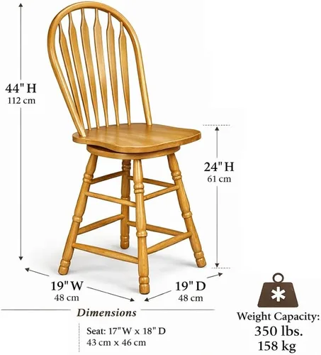 Vista 3 de Sunset Trading Selections Taburete giratorio de 24 pulgadas de altura de mostrador Taburete de café Windsor Arrowback de casa de campo Madera