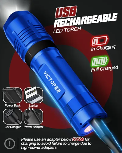 Vista 5 de Victoper Red Rechargeabe Flashlight 2 Pack, High Lumens 5 Modes LED Bright Tactical Flashlights, Waterproof Zoomable Flash Light for Outdoor, Gifts