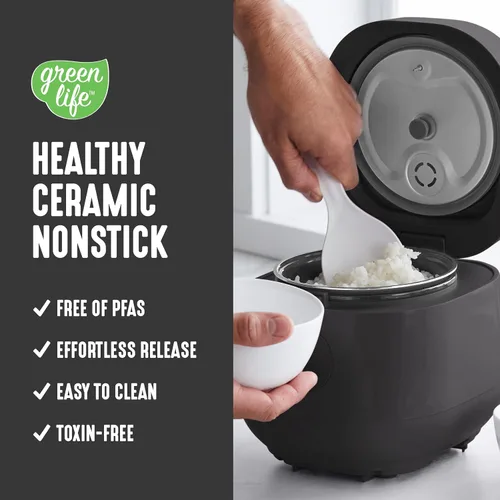 Vista 3 de GreenLife Arrocera digital, 2 tazas sin cocinar/4 tazas cocidas, olla de cerámica antiadherente extraíble sin PFAS, preajustes de un solo toque