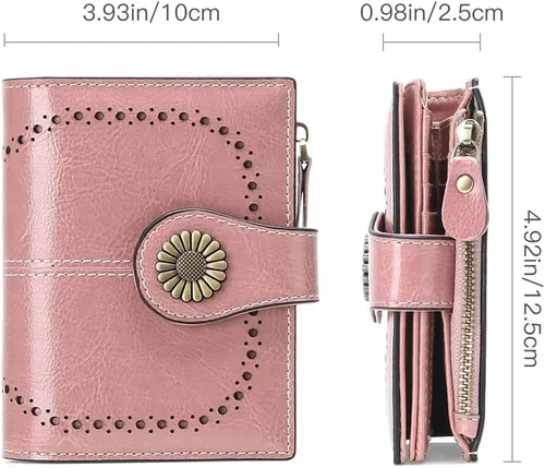 Vista 3 de SENDEFN - Billetera pequeña para mujer de cuero con doble solapa, portatarjetas con bloqueo RFID, bolsillo con cremallera para monedas 1-cera-rosa