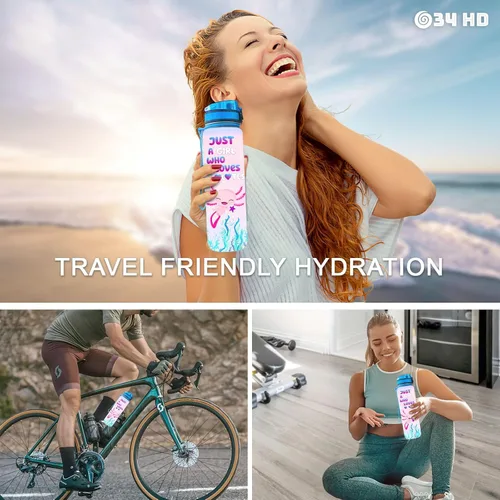 Vista 7 de 34HD Axolotl - Botella de agua de 32 onzas, bonita botella motivacional para mujer, botella de gimnasio con marcador de tiempo, regalo