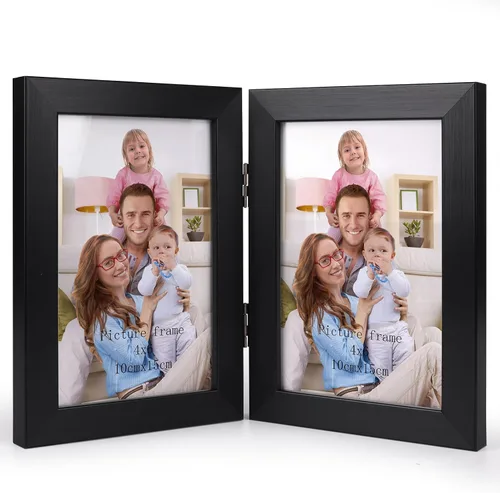 Vista 10 de Giftgarden Marco de fotos doble de 3.5 x 5 pulgadas, color marrón con pantalla de vidrio transparente, fotos de 5 x 3.5 pulgadas, marco plegable