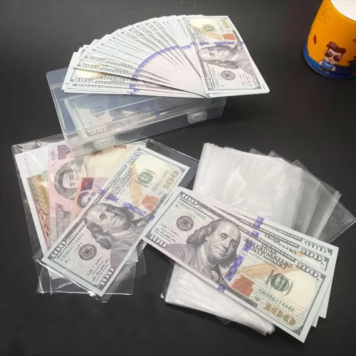 Vista 6 de Smatagee 200 fundas de plástico transparente para billetes con caja de almacenamiento, protector de láminas para moneda, dinero, billetes, billetes