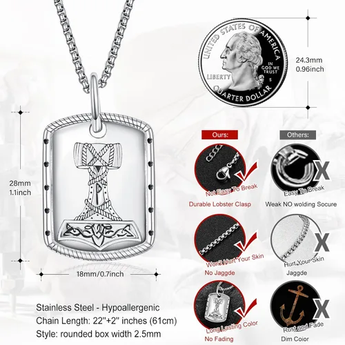 Vista 2 de HXWZB 925 Sterling Silver Viking Necklace Dog Tag Necklace Viking Rune Pendant Jewelry Amulet Jewelry with 2.5mm 22"+2" Rolo Chain