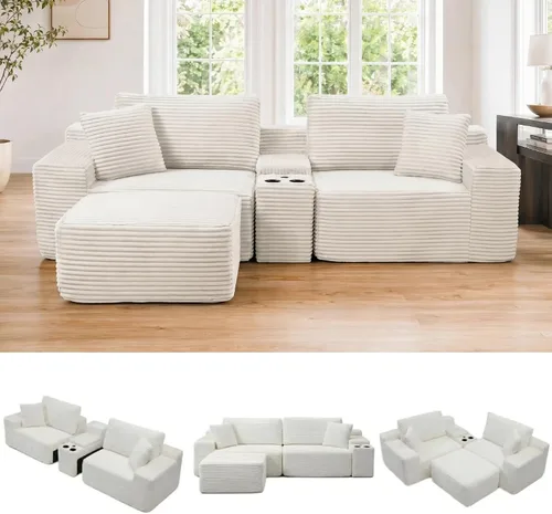 Vista 9 de Sofá modular sin hueso de 111 pulgadas en forma de L con portavasos y puertos de carga USB, sofá modular de 3 asientos con otomana de Negro azabache
