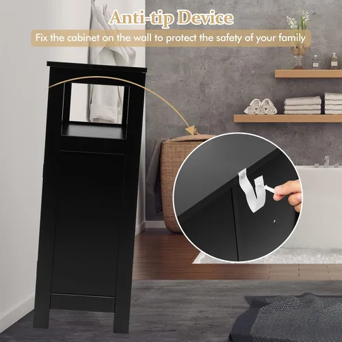 Vista 7 de COSTWAY Armario de almacenamiento para baño, organizador de almacenamiento lateral de madera con puertas de rejilla y estante extraíble, gabinete
