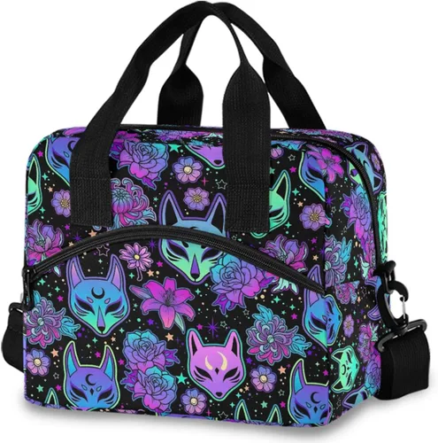 Vista 13 de MNSRUU Bolsa de almuerzo aislada murciélagos y flores vintage mujeres hombres tela tote enfriadora para cena bolsa reutilizable a prueba de fugas