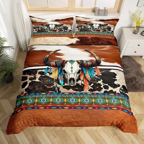 Vista 17 de Erosebridal Funda de edredón de piel de vaca marrón con estampado de vaca de las tierras altas, juego de ropa de cama occidental exótico azteca