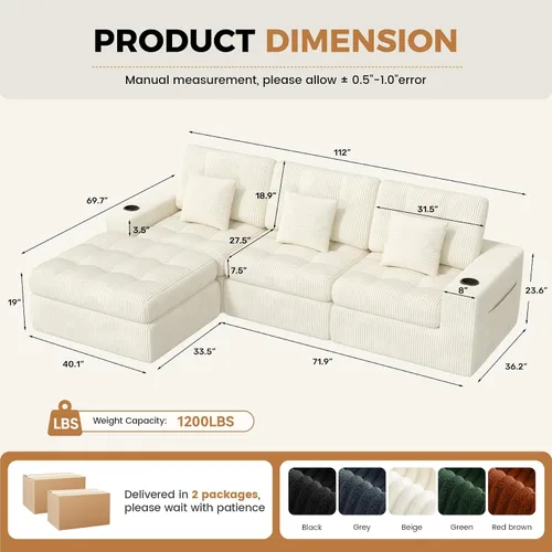 Vista 2 de Sofá modular sin hueso de nube de 112 pulgadas en forma de L, moderno sofá modular con cojín en capas, sofás de pana convertibles sin montaje