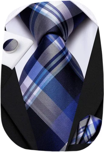 Vista 225 de Hi-Tie Corbata clásica de cachemira para hombre con pañuelo y gemelos a cuadros