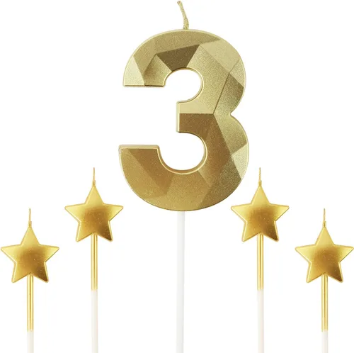 Vista 27 de Velas de cumpleaños doradas con número 20 y velas de estrella de cumpleaños de 7 cm Velas para pastel de cumpleaños en forma de diamante 3D son