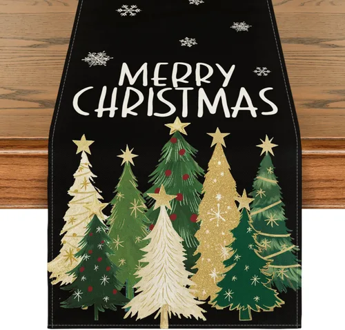 Vista 8 de Artoid Mode Camino de Mesa de Feliz Navidad con Árboles de Navidad y Copos de Nieve Rojos 210 GSM, Decoración de Mesa de Comedor de Cocina