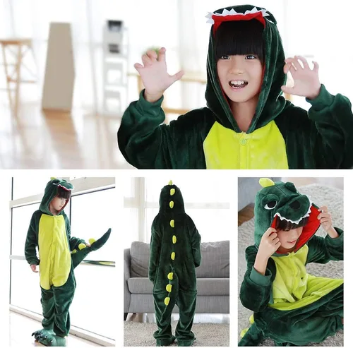 Vista 6 de Fanhong Pijama de dinosaurio para niños disfraz de Halloween Navidad cosplay pijama de felpa de vellón para dormir 3-12 años