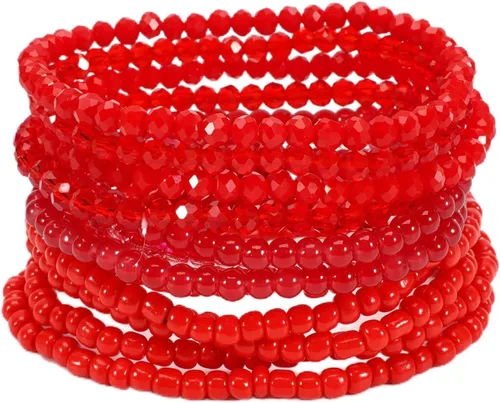 Vista 10 de Caiyao 12 pulseras apilables con cuentas de resina multicapa bohemia, pulseras elásticas de cuentas de cristal de colores, pulseras elásticas