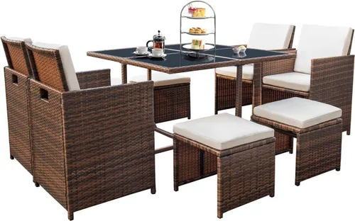 Vista 8 de Devoko Juego de 4 muebles de mimbre para patio, sillas de patio al aire libre con otomanas, sillas acolchadas para todo tipo de clima, muebles